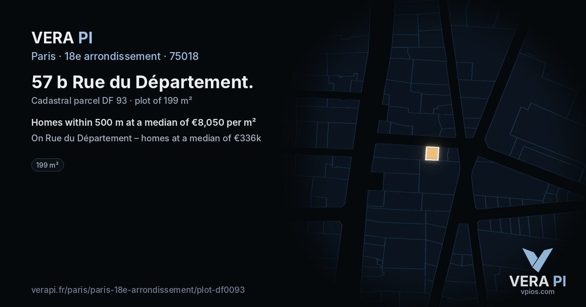 57 b Rue du Département, 18e arrondissement at night – the plot lit, the parcels around coloured by the prices near them