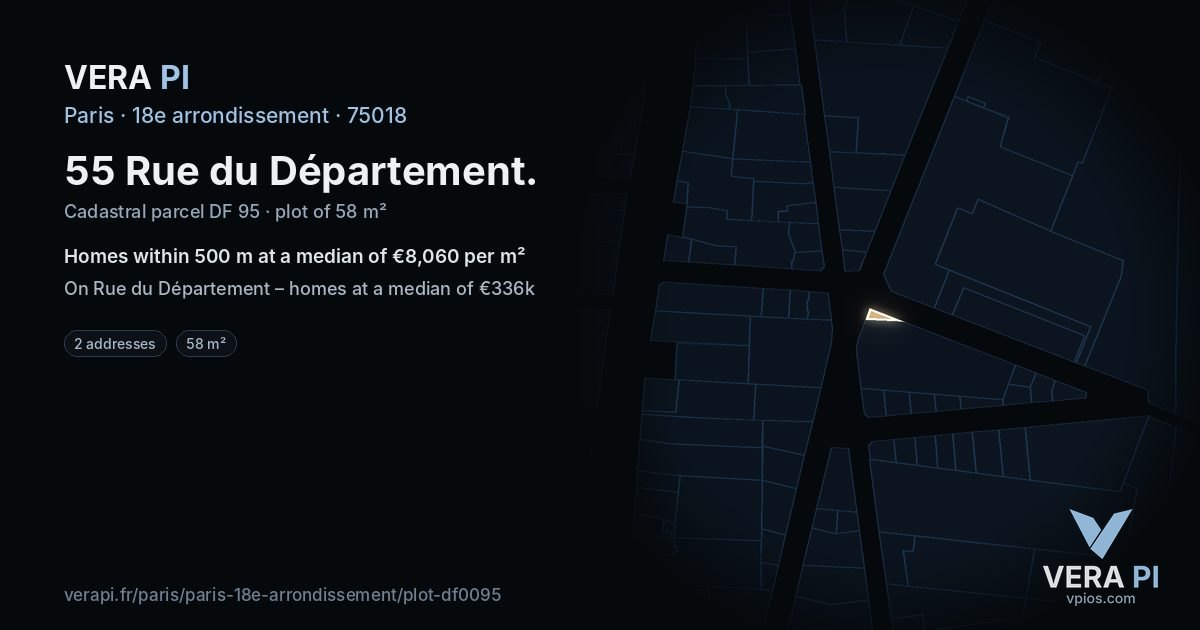 55 Rue du Département, 18e arrondissement at night – the plot lit, the parcels around coloured by the prices near them