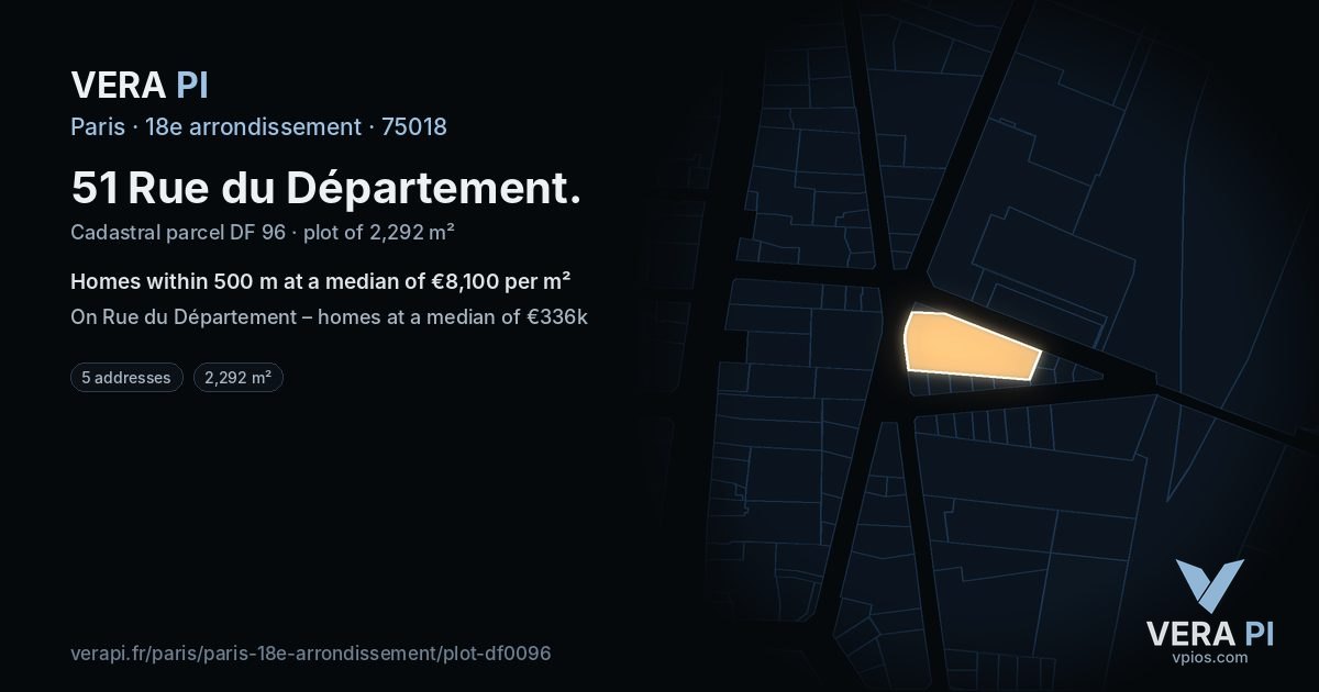 51 Rue du Département, 18e arrondissement at night – the plot lit, the parcels around coloured by the prices near them