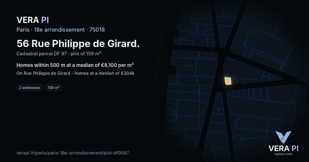 56 Rue Philippe de Girard, 18e arrondissement at night – the plot lit, the parcels around coloured by the prices near them