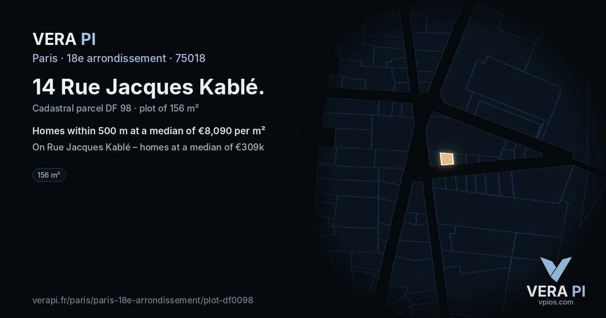 14 Rue Jacques Kablé, 18e arrondissement at night – the plot lit, the parcels around coloured by the prices near them