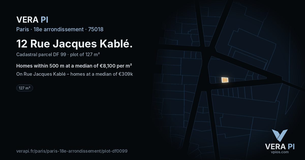 12 Rue Jacques Kablé, 18e arrondissement at night – the plot lit, the parcels around coloured by the prices near them