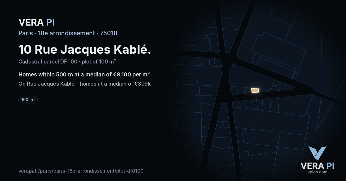 10 Rue Jacques Kablé, 18e arrondissement at night – the plot lit, the parcels around coloured by the prices near them