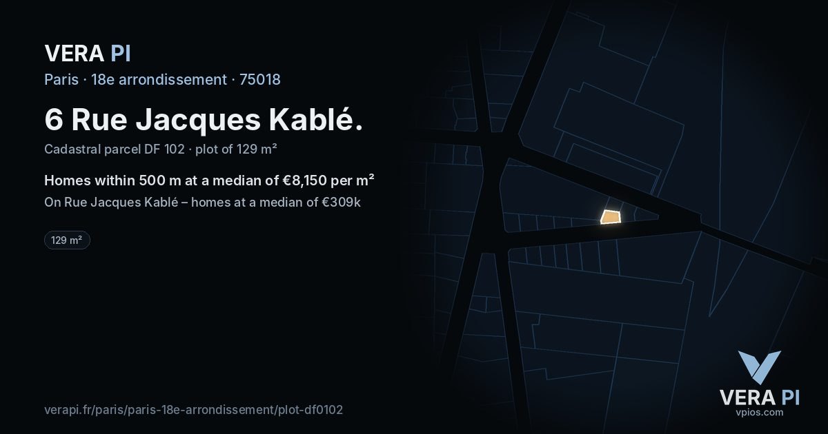 6 Rue Jacques Kablé, 18e arrondissement at night – the plot lit, the parcels around coloured by the prices near them
