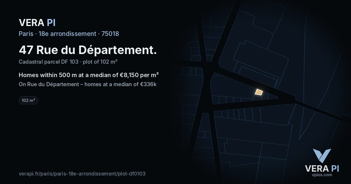 47 Rue du Département, 18e arrondissement at night – the plot lit, the parcels around coloured by the prices near them