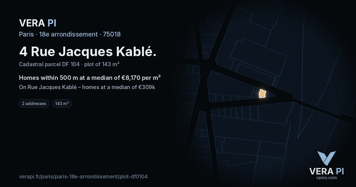 4 Rue Jacques Kablé, 18e arrondissement at night – the plot lit, the parcels around coloured by the prices near them