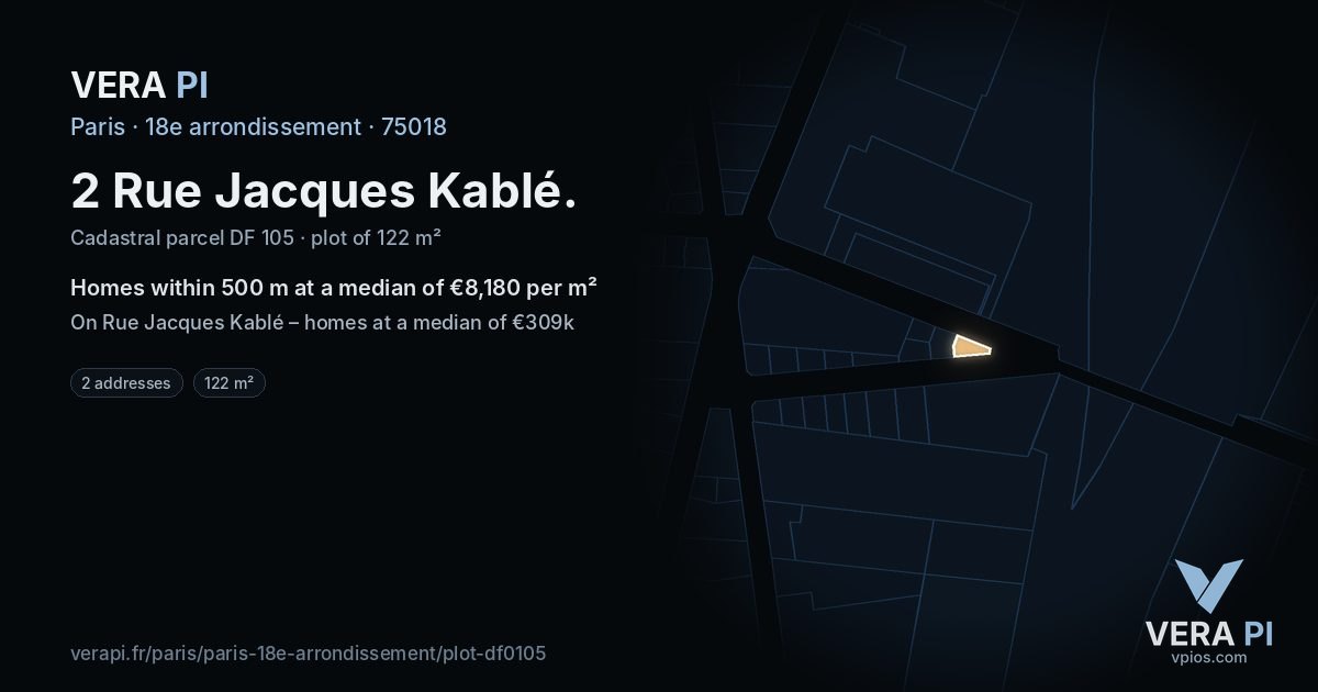 2 Rue Jacques Kablé, 18e arrondissement at night – the plot lit, the parcels around coloured by the prices near them