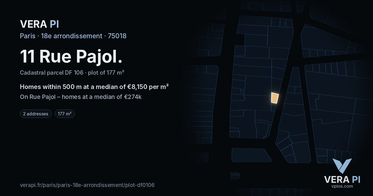11 Rue Pajol, 18e arrondissement at night – the plot lit, the parcels around coloured by the prices near them