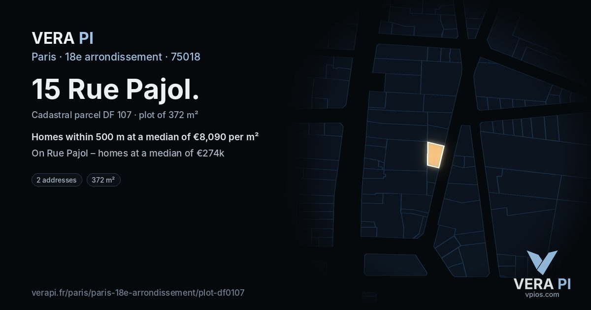 15 Rue Pajol, 18e arrondissement at night – the plot lit, the parcels around coloured by the prices near them