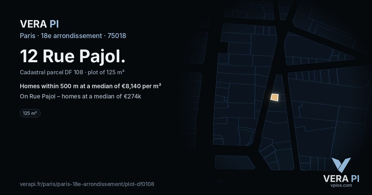 12 Rue Pajol, 18e arrondissement at night – the plot lit, the parcels around coloured by the prices near them
