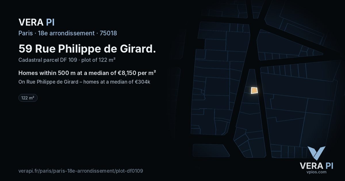 59 Rue Philippe de Girard, 18e arrondissement at night – the plot lit, the parcels around coloured by the prices near them
