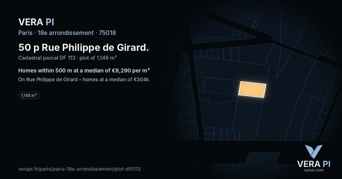 50 p Rue Philippe de Girard, 18e arrondissement at night – the plot lit, the parcels around coloured by the prices near them
