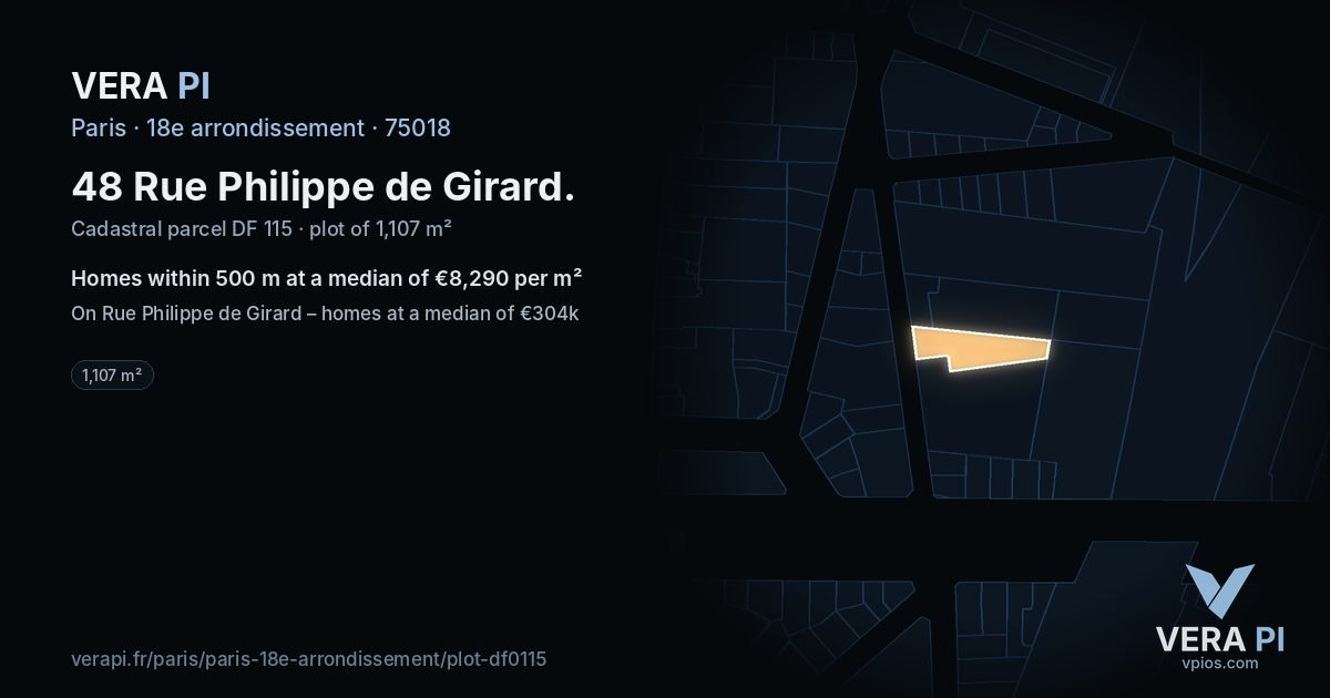 48 Rue Philippe de Girard, 18e arrondissement at night – the plot lit, the parcels around coloured by the prices near them