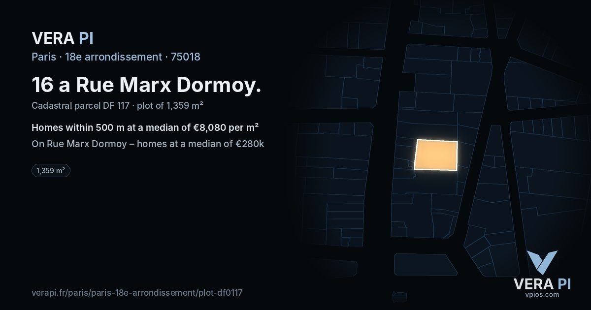 16 a Rue Marx Dormoy, 18e arrondissement at night – the plot lit, the parcels around coloured by the prices near them