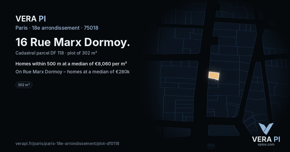 16 Rue Marx Dormoy, 18e arrondissement at night – the plot lit, the parcels around coloured by the prices near them