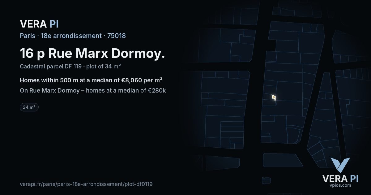 16 p Rue Marx Dormoy, 18e arrondissement at night – the plot lit, the parcels around coloured by the prices near them