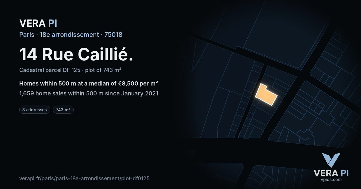 14 Rue Caillié, 18e arrondissement at night – the plot lit, the parcels around coloured by the prices near them