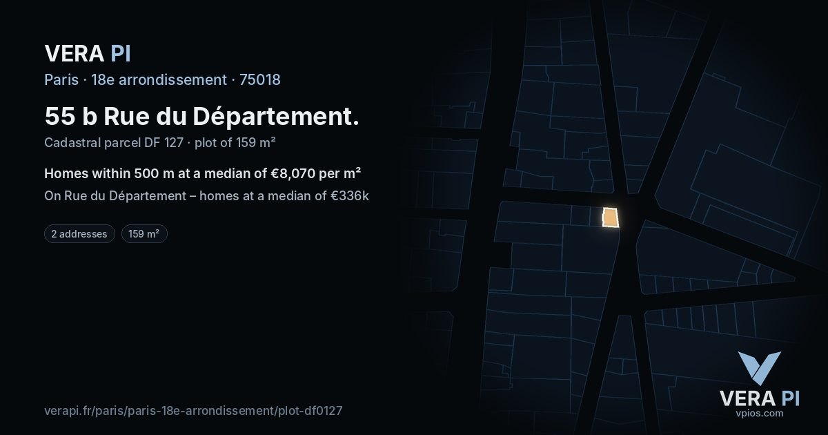 55 b Rue du Département, 18e arrondissement at night – the plot lit, the parcels around coloured by the prices near them