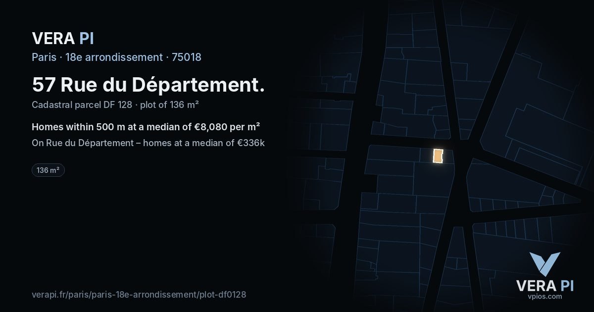 57 Rue du Département, 18e arrondissement at night – the plot lit, the parcels around coloured by the prices near them