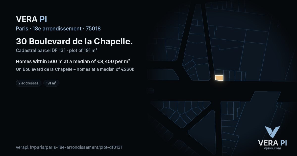 30 Boulevard de la Chapelle, 18e arrondissement at night – the plot lit, the parcels around coloured by the prices near them