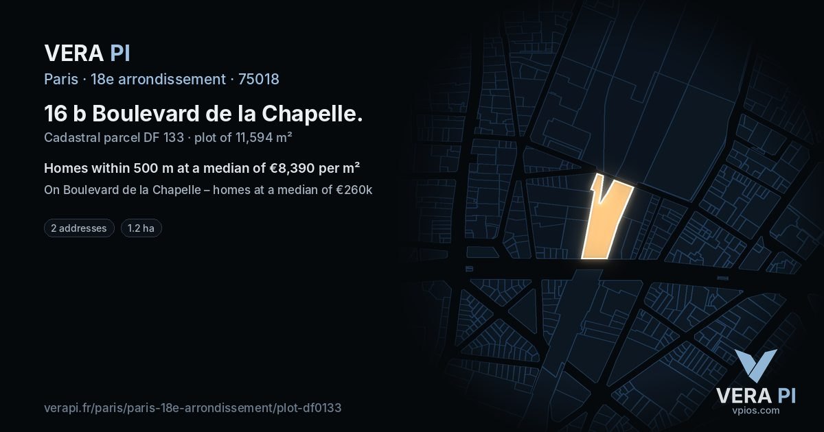 16 b Boulevard de la Chapelle, 18e arrondissement at night – the plot lit, the parcels around coloured by the prices near them