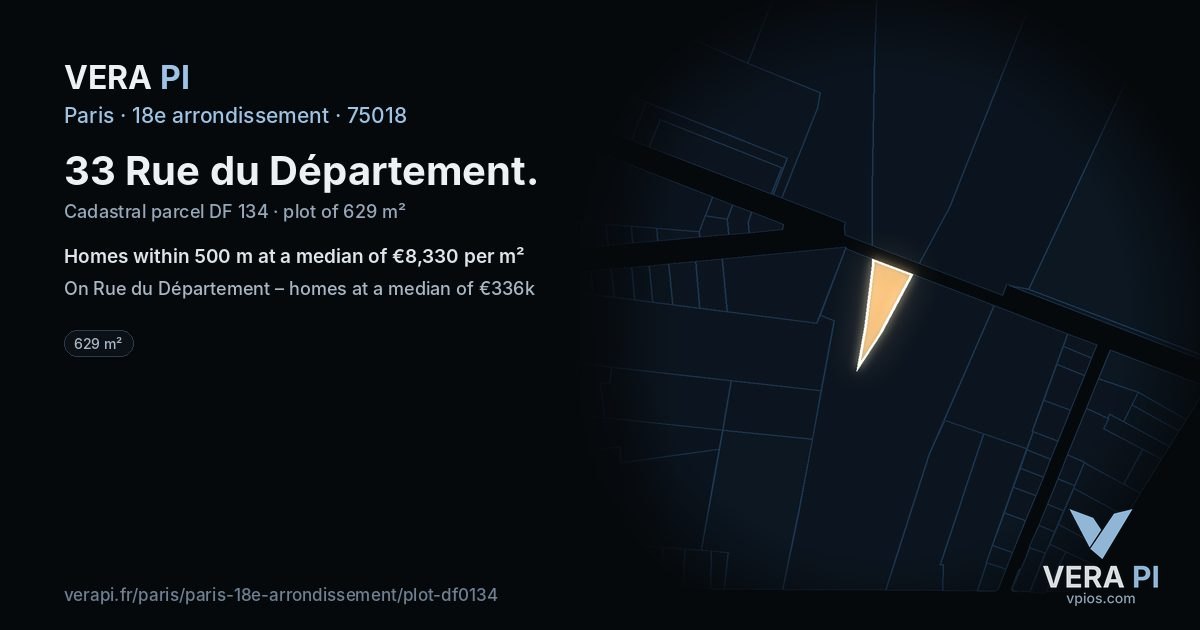 33 Rue du Département, 18e arrondissement at night – the plot lit, the parcels around coloured by the prices near them