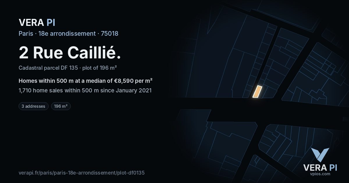 2 Rue Caillié, 18e arrondissement at night – the plot lit, the parcels around coloured by the prices near them