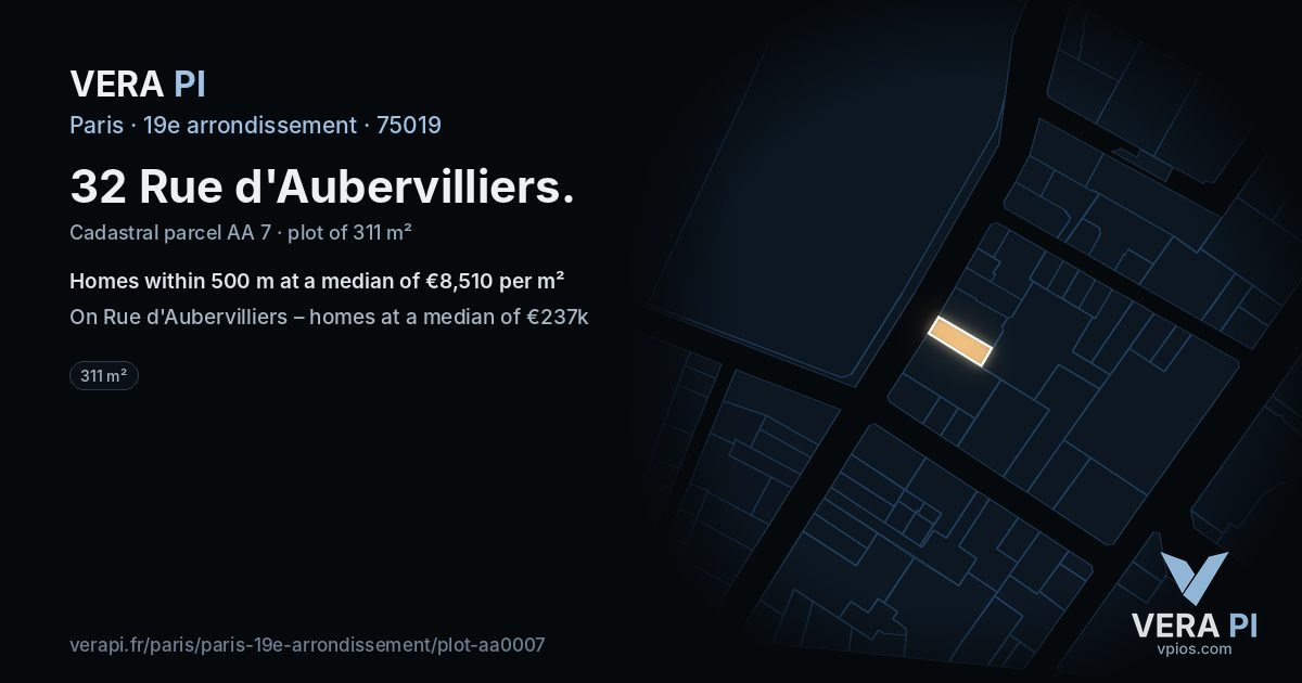 32 Rue d'Aubervilliers, 19e arrondissement at night – the plot lit, the parcels around coloured by the prices near them