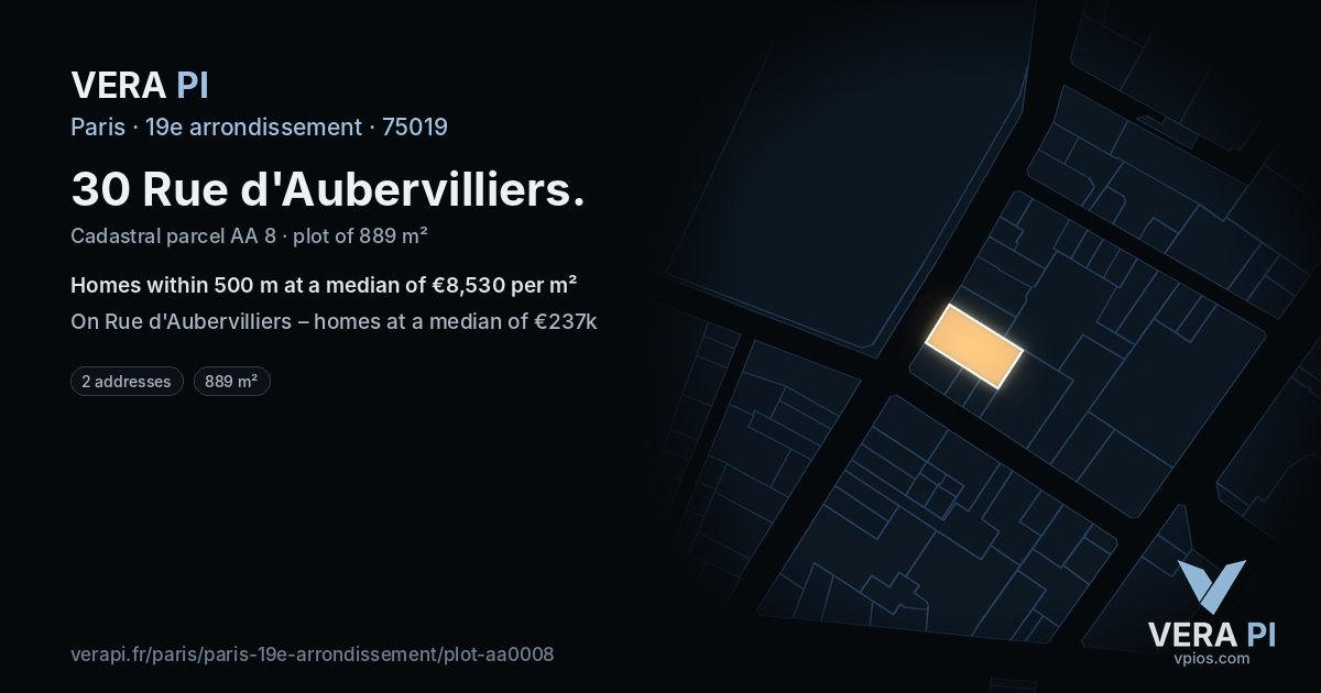 30 Rue d'Aubervilliers, 19e arrondissement at night – the plot lit, the parcels around coloured by the prices near them