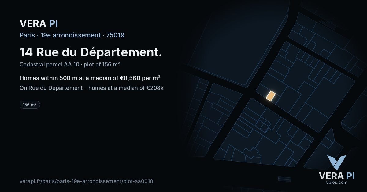 14 Rue du Département, 19e arrondissement at night – the plot lit, the parcels around coloured by the prices near them