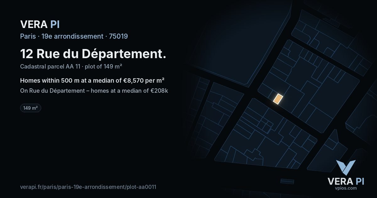 12 Rue du Département, 19e arrondissement at night – the plot lit, the parcels around coloured by the prices near them
