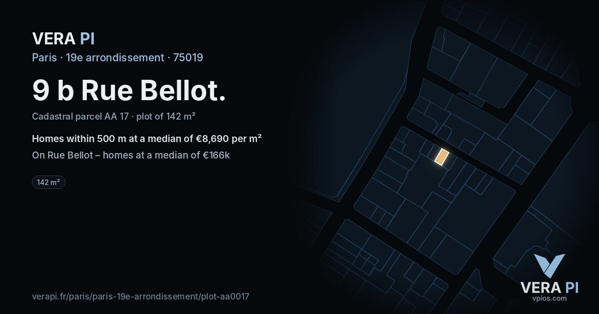 9 b Rue Bellot, 19e arrondissement at night – the plot lit, the parcels around coloured by the prices near them
