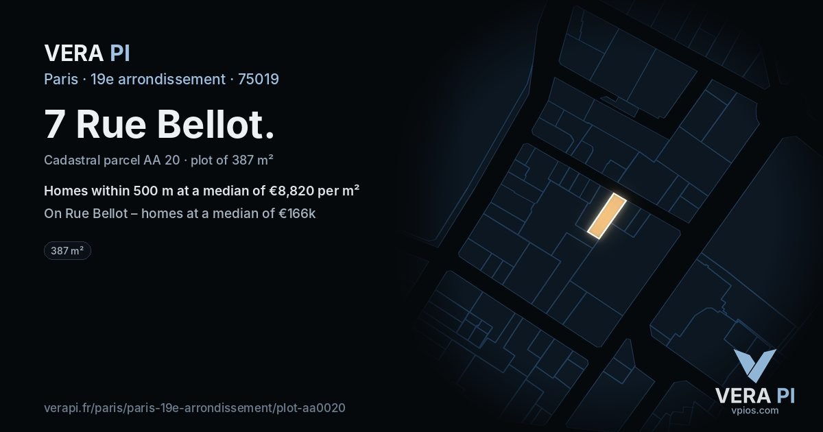7 Rue Bellot, 19e arrondissement at night – the plot lit, the parcels around coloured by the prices near them