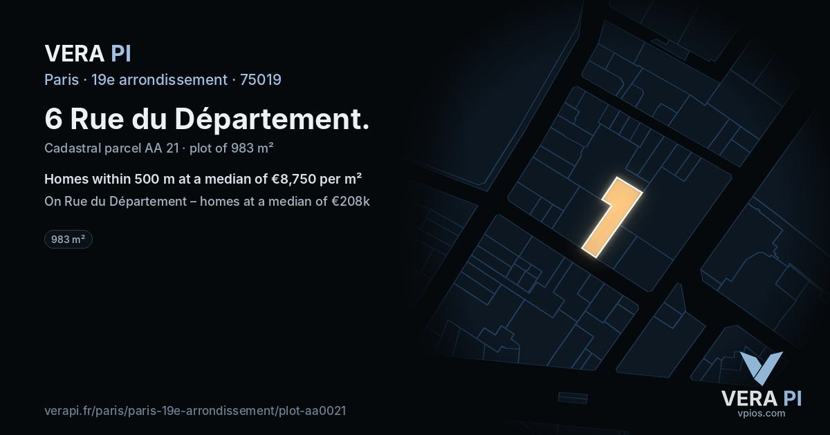 6 Rue du Département, 19e arrondissement at night – the plot lit, the parcels around coloured by the prices near them