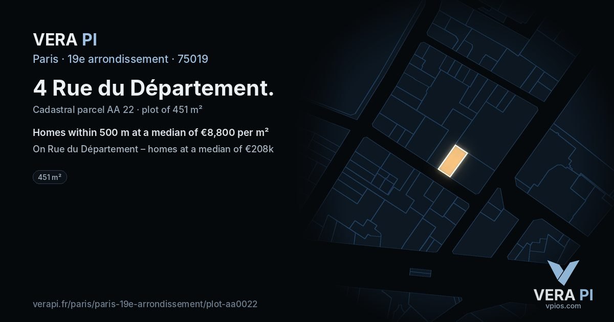 4 Rue du Département, 19e arrondissement at night – the plot lit, the parcels around coloured by the prices near them
