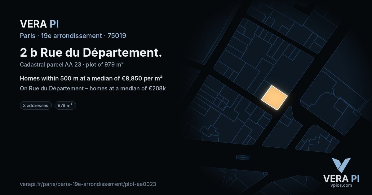 2 b Rue du Département, 19e arrondissement at night – the plot lit, the parcels around coloured by the prices near them