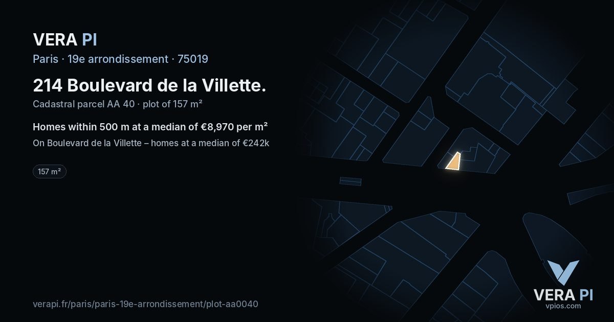 214 Boulevard de la Villette, 19e arrondissement at night – the plot lit, the parcels around coloured by the prices near them