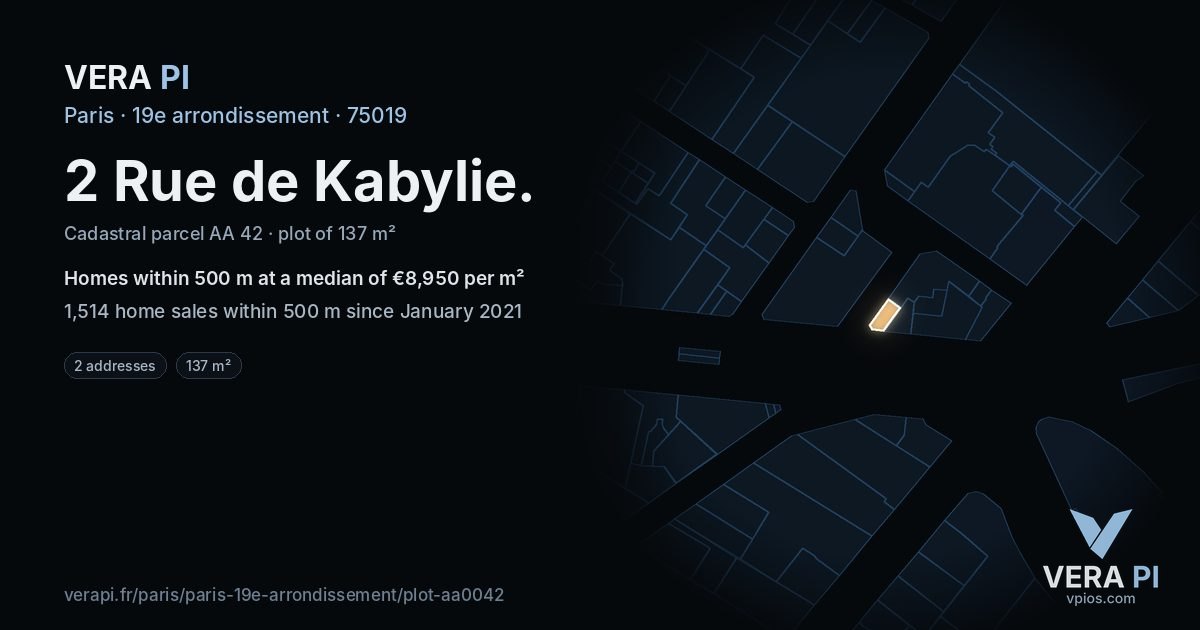 2 Rue de Kabylie, 19e arrondissement at night – the plot lit, the parcels around coloured by the prices near them