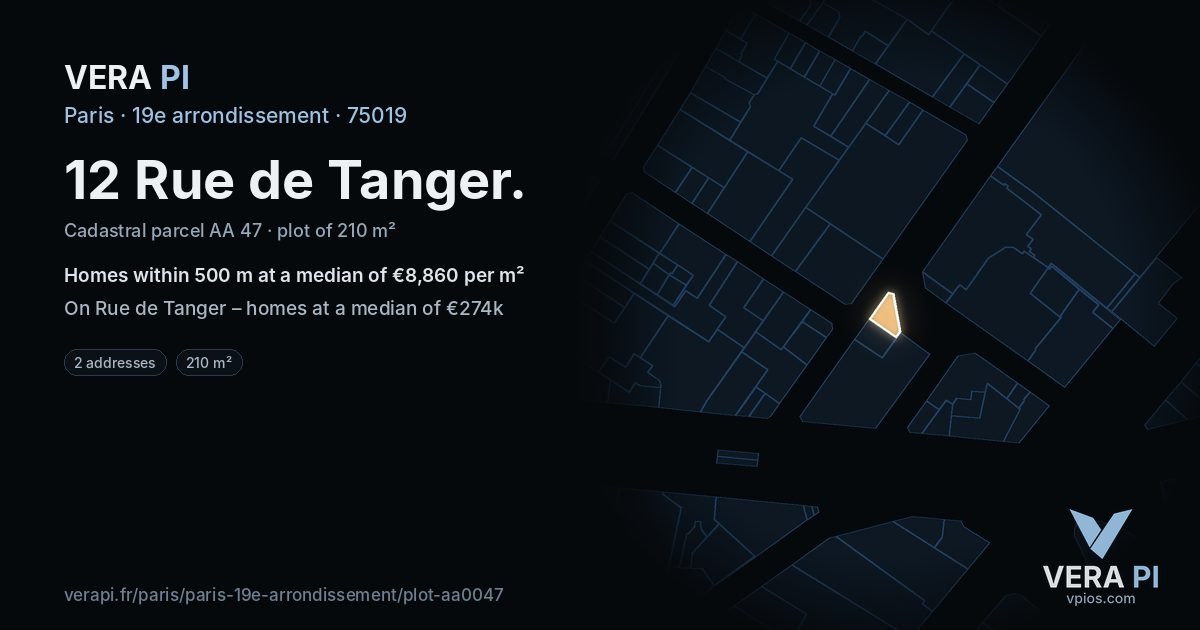 12 Rue de Tanger, 19e arrondissement at night – the plot lit, the parcels around coloured by the prices near them