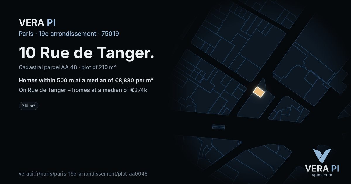 10 Rue de Tanger, 19e arrondissement at night – the plot lit, the parcels around coloured by the prices near them