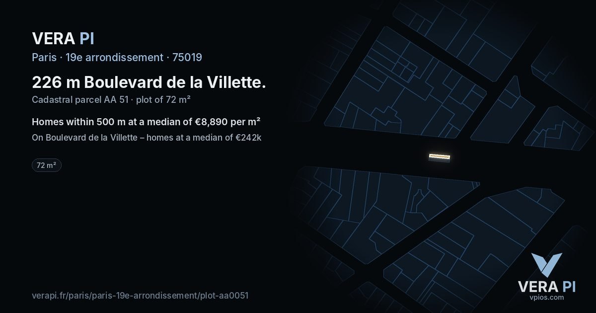 226 m Boulevard de la Villette, 19e arrondissement at night – the plot lit, the parcels around coloured by the prices near them