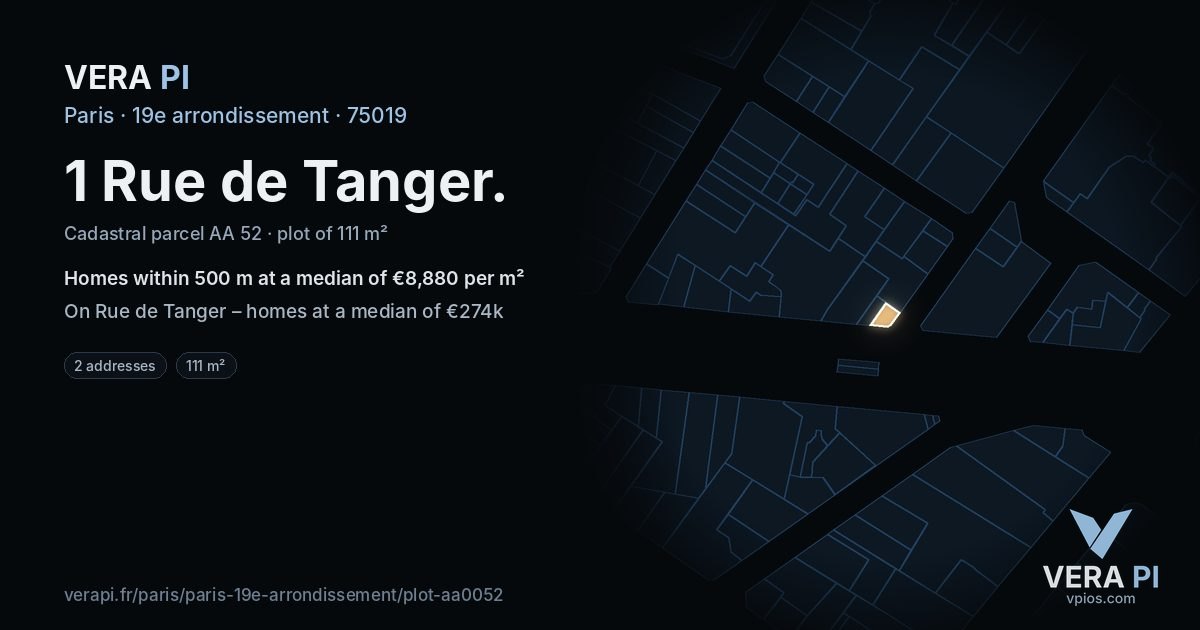 1 Rue de Tanger, 19e arrondissement at night – the plot lit, the parcels around coloured by the prices near them