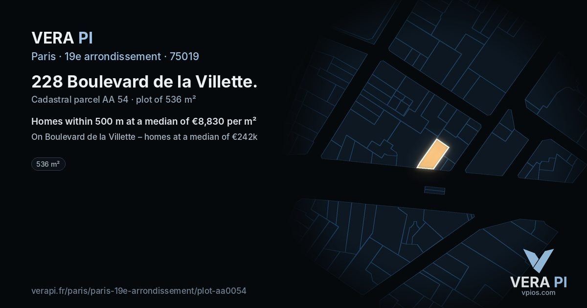 228 Boulevard de la Villette, 19e arrondissement at night – the plot lit, the parcels around coloured by the prices near them