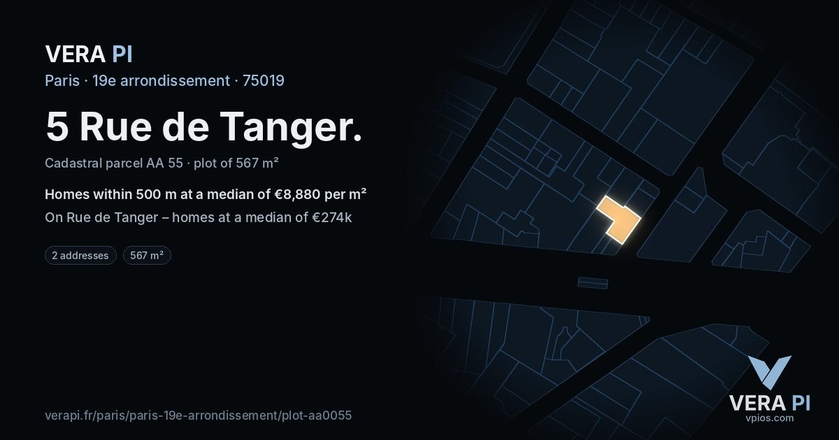 5 Rue de Tanger, 19e arrondissement at night – the plot lit, the parcels around coloured by the prices near them