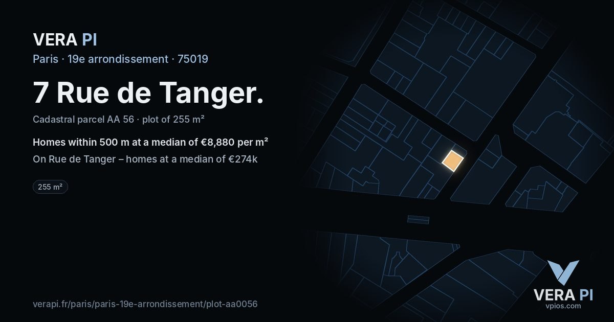 7 Rue de Tanger, 19e arrondissement at night – the plot lit, the parcels around coloured by the prices near them