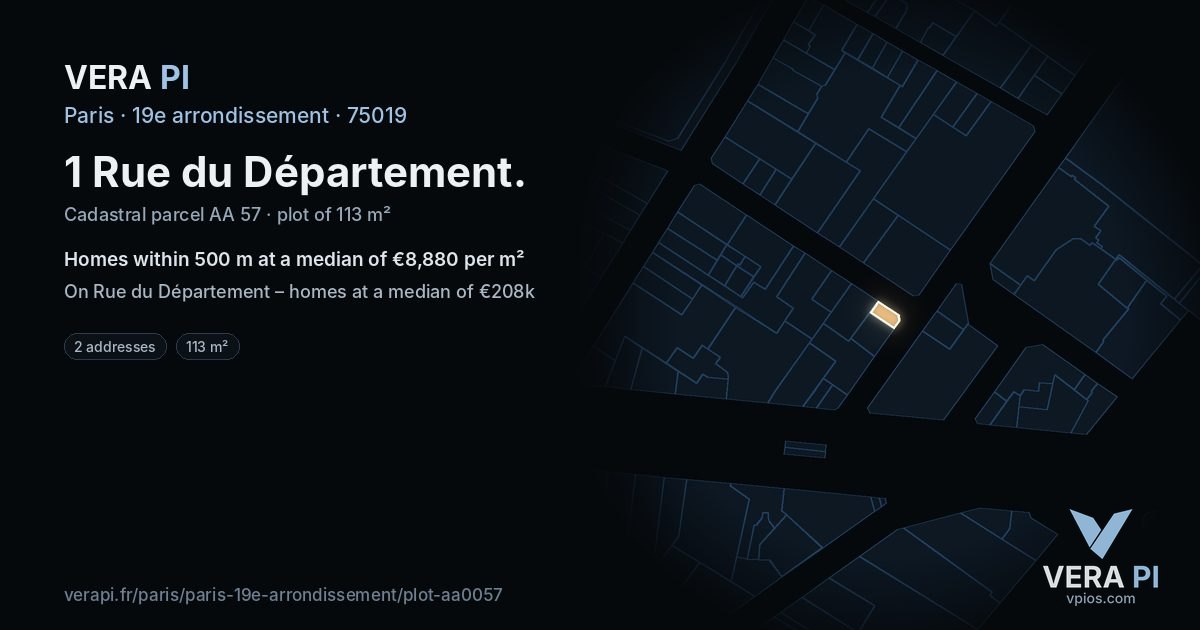 1 Rue du Département, 19e arrondissement at night – the plot lit, the parcels around coloured by the prices near them
