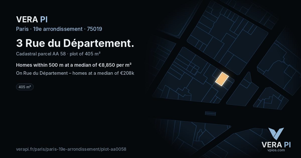3 Rue du Département, 19e arrondissement at night – the plot lit, the parcels around coloured by the prices near them