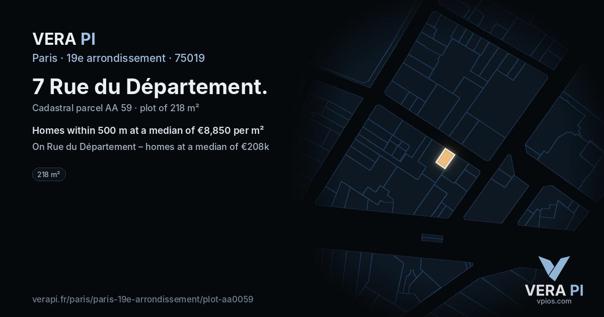7 Rue du Département, 19e arrondissement at night – the plot lit, the parcels around coloured by the prices near them