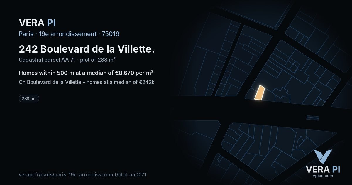 242 Boulevard de la Villette, 19e arrondissement at night – the plot lit, the parcels around coloured by the prices near them