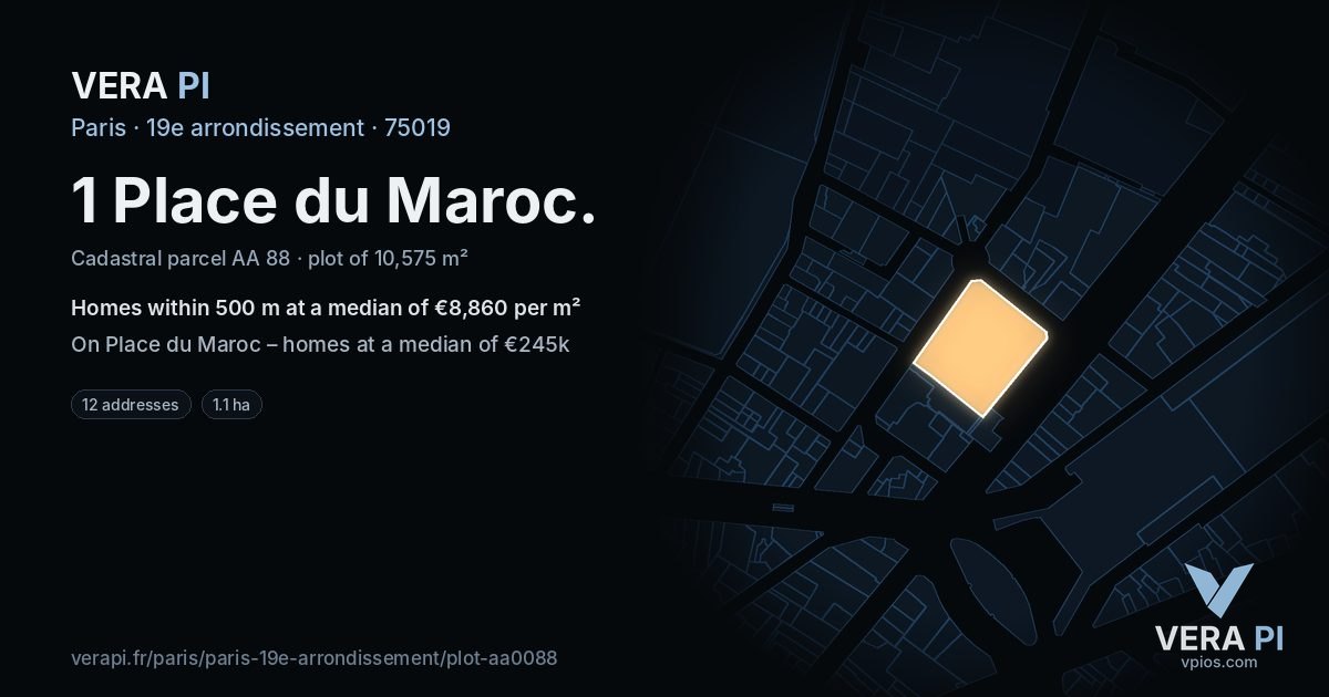1 Place du Maroc, 19e arrondissement at night – the plot lit, the parcels around coloured by the prices near them